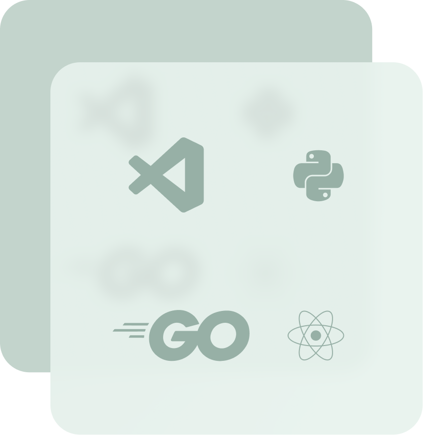 A diagram with a few icons of different technologies, like VSCode, Python, Go, and React, all being stacks